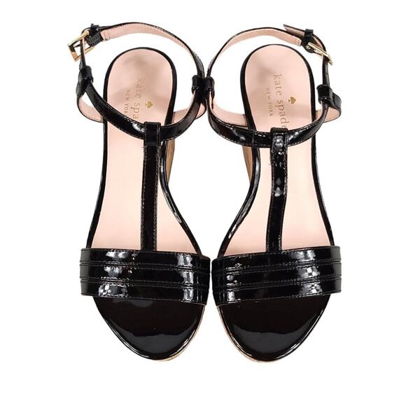 Kate Spade Tallin Cork Wedge Heel Sandals Black Patent Leather - Picture 5 of 12